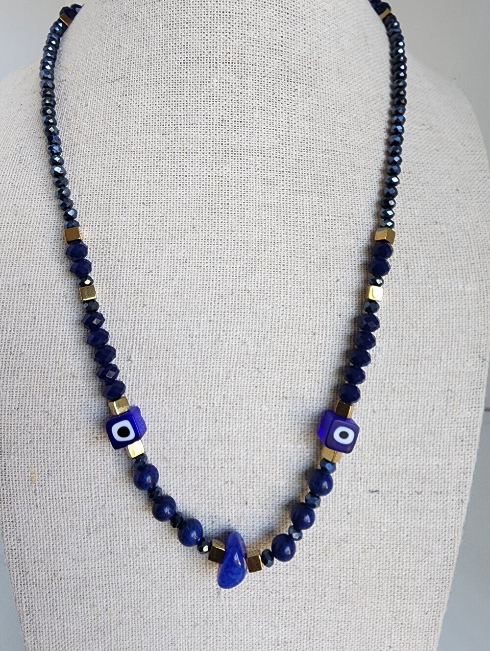Blue Lapis Lazuli Agate Evil Eye Necklace Hematite Crystal Adjustable 18-22"